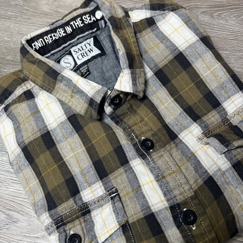 Salty Crew Shirt Mens Large Green Brown White Plaid Flannel Button Up Casual